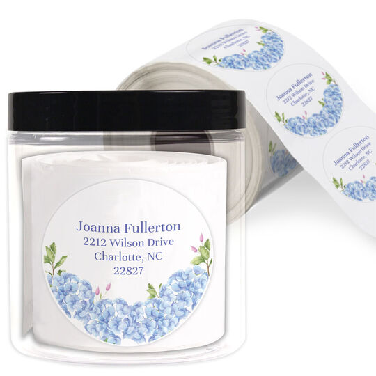Blue Hydrangea Blooms Round Address Labels in a Jar